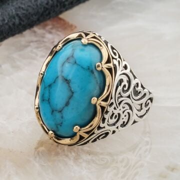 925 Ayar Gümüş Firuze Taşlı Kral Tacı Model  Erkek Yüzük