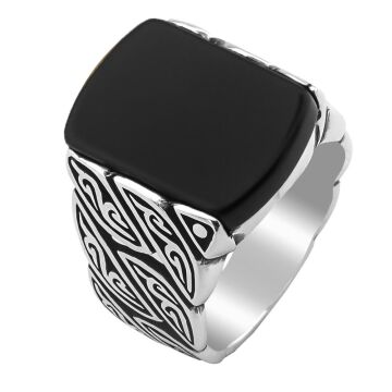 Siyah Oniks Taşlı Örgü Desenli 925 Ayar Gümüş Yüzük