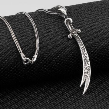 La Feta İlla Ali La Seyfe İlla Zülfikar Yazılı Zülfikar Kılıç Gümüş Kolye