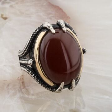 Akik Taşlı Pençeli  Gümüş Erkek Yüzük