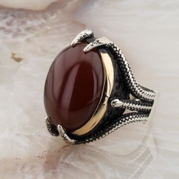 Akik Taşlı Pençeli  Gümüş Erkek Yüzük