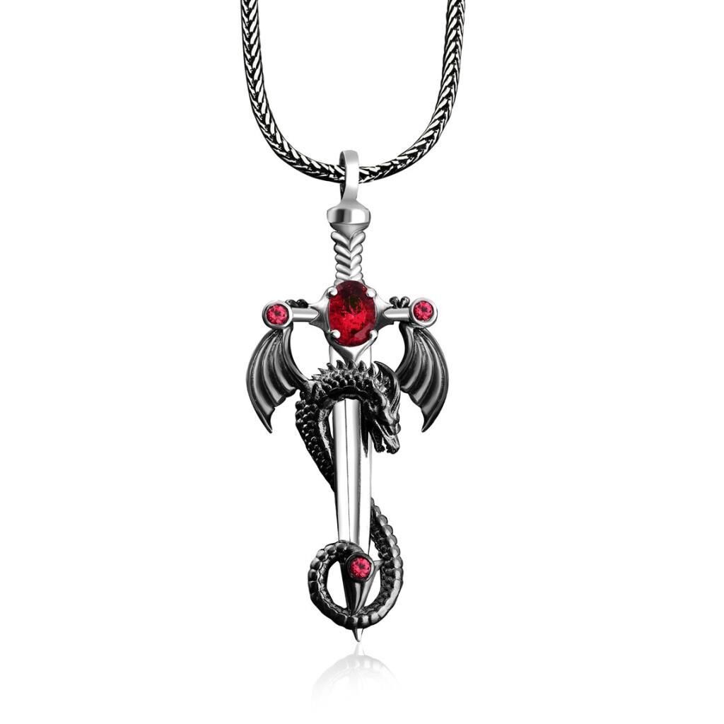 Ejderha Şovalye Kılıcı Tasarımlı Kırmızı Zirkon Taşlı 925 Ayar Gümüş Kolye