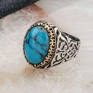 925 ayar Gümüş Firuze Taşlı Gümüş Erkek  Yüzük Model 5