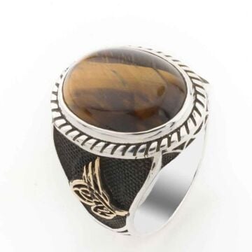 925 Ayar Gümüş Kaplan Gözü Taşlı Tuğralı Erkek Yüzük