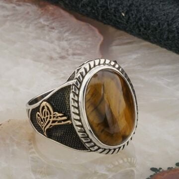 925 Ayar Gümüş Kaplan Gözü Taşlı Tuğralı Erkek Yüzük