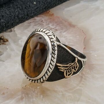 925 Ayar Gümüş Kaplan Gözü Taşlı Tuğralı Erkek Yüzük