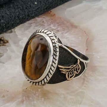 925 Ayar Gümüş Kaplan Gözü Taşlı Tuğralı Erkek Yüzük