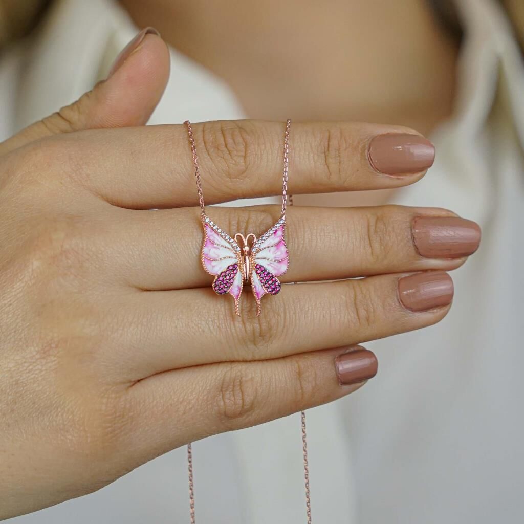 Pembe Kelebek Tasarımlı 925 Ayar Gümüş Kadın Kolye