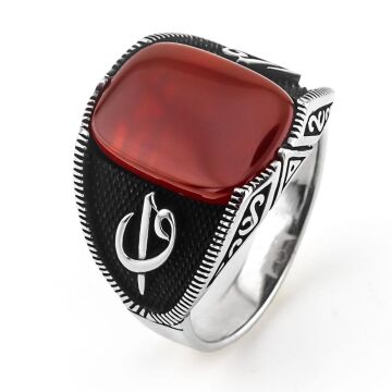 Eli Vav Tasarımlı Kırmızı Akik Taşlı 925 Ayar Gümüş Erkek Yüzük