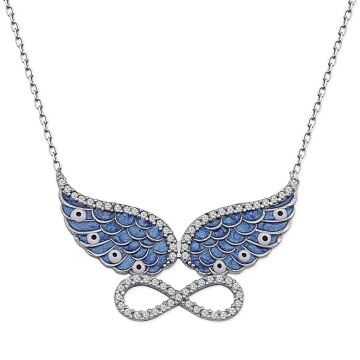 Mavi Melek Kanatlı Sonsuzluk Gümüş Kolye
