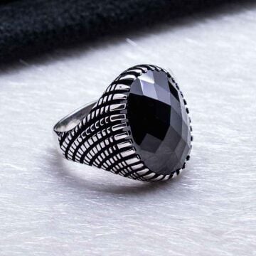 925 Ayar Gümüş Siyah Zirkon Taşlı Erkek  Oval Yüzük