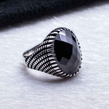 925 Ayar Gümüş Siyah Zirkon Taşlı Erkek  Oval Yüzük