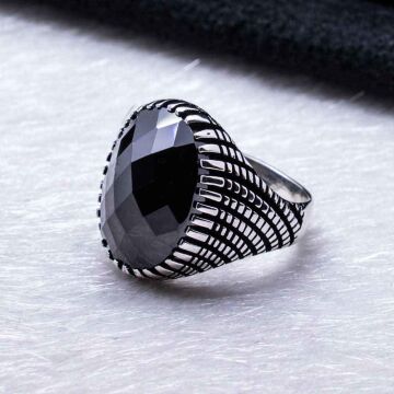 925 Ayar Gümüş Siyah Zirkon Taşlı Erkek  Oval Yüzük