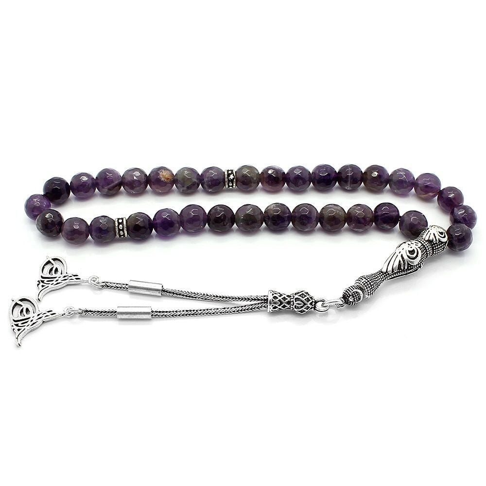 925 Ayar Gümüş Tuğra Motifli Ametist Taşı Tesbih