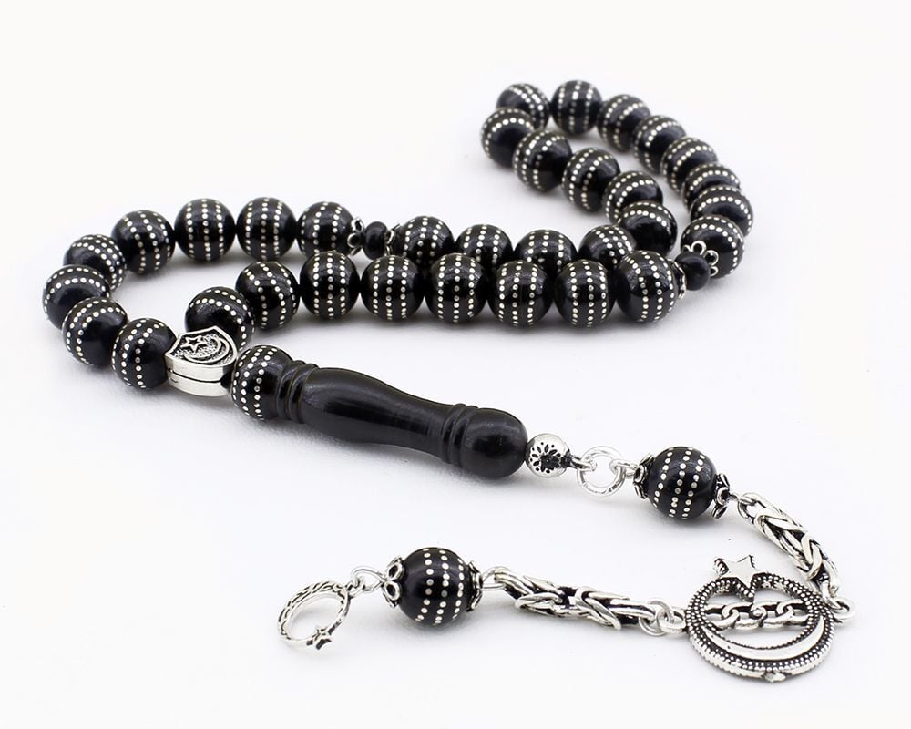 Üçlü Sıra Yoğun Gümüş İşlemeli Erzurum Oltu Taşı Tesbih