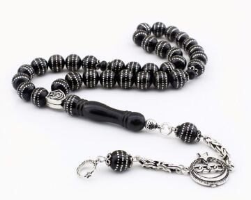 Üçlü Sıra Yoğun Gümüş İşlemeli Erzurum Oltu Taşı Tesbih