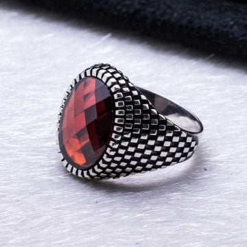 925 Ayar Gümüş Kırmızı Zirkon Taşlı  Erkek  Yüzük