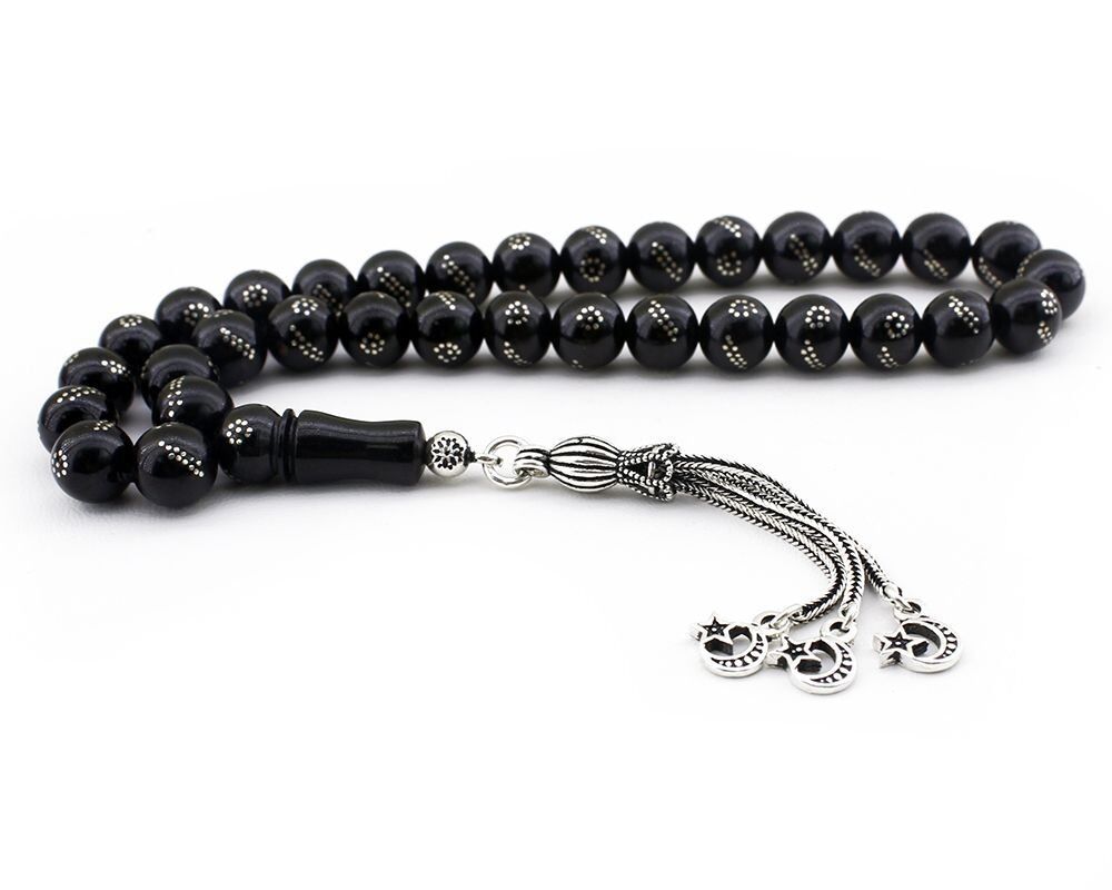 Gümüş İşlemeli Üçlü Ayyıldız Püsküllü Oltu Tesbih