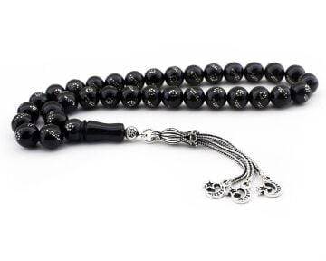 Gümüş İşlemeli Üçlü Ayyıldız Püsküllü Oltu Tesbih