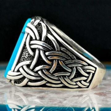 Şık Tasarımlı Örgü Desenli Firüze Taşlı Gümüş Yüzük