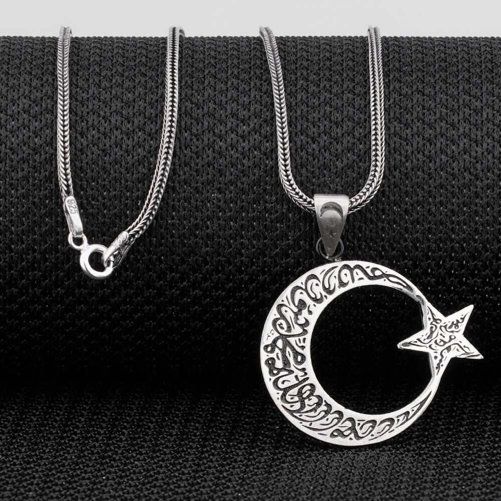 Kelimei Tevhid Yazılı Büyük Boy Ay Yıldız Tasarımlı 925 Ayar Gümüş Kolye