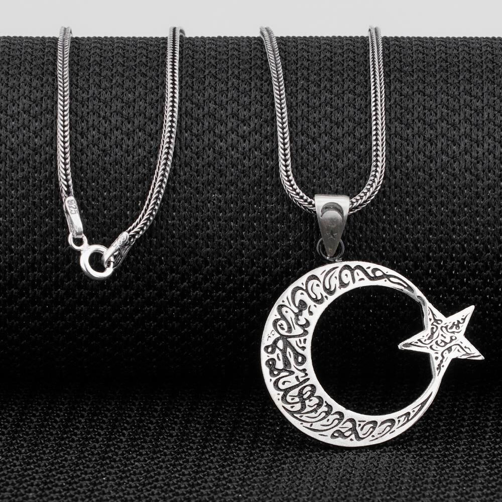 Kelimei Tevhid Yazılı Büyük Boy Ay Yıldız Tasarımlı 925 Ayar Gümüş Kolye