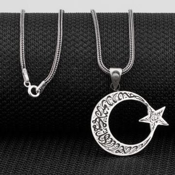 Kelimei Tevhid Yazılı Büyük Boy Ay Yıldız Tasarımlı 925 Ayar Gümüş Kolye