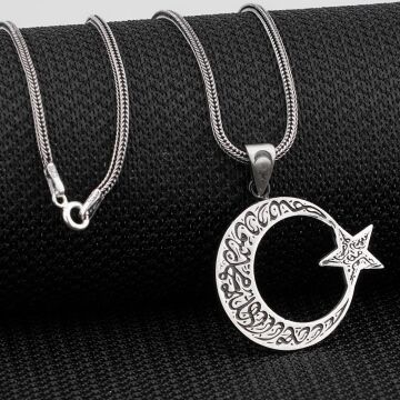 Kelimei Tevhid Yazılı Büyük Boy Ay Yıldız Tasarımlı 925 Ayar Gümüş Kolye