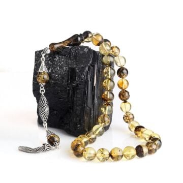 10 mm Fosilli Damla Kehribar Tesbih 925 Ayar Gümüş Püsküllü