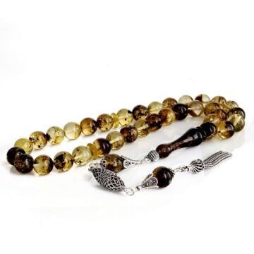 10 mm Fosilli Damla Kehribar Tesbih 925 Ayar Gümüş Püsküllü