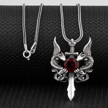 Çift Ejderha Tasarımlı Hançer Detaylı Kırmızı Zirkon Taşlı 925 Ayar Gümüş Kolye