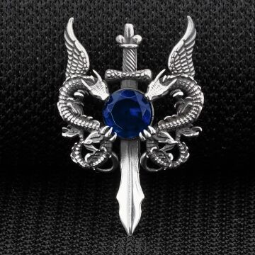 Çift Ejderha Tasarımlı Hançer Detaylı Mavi Zirkon Taşlı 925 Ayar Gümüş Kolye Ucu