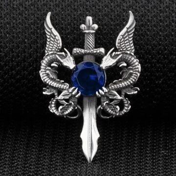 Çift Ejderha Tasarımlı Hançer Detaylı Mavi Zirkon Taşlı 925 Ayar Gümüş Kolye Ucu