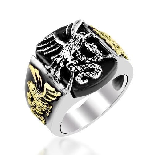 925 Ayar Gümüş Oniks Taşlı Kartal Motifli Yüzük