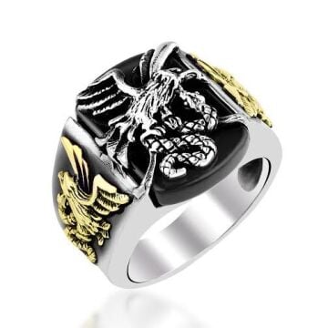 925 Ayar Gümüş Oniks Taşlı Kartal Motifli Yüzük