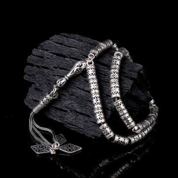 925 Ayar Gümüş Silindir Fizyon Kesim Tesbih Model 2