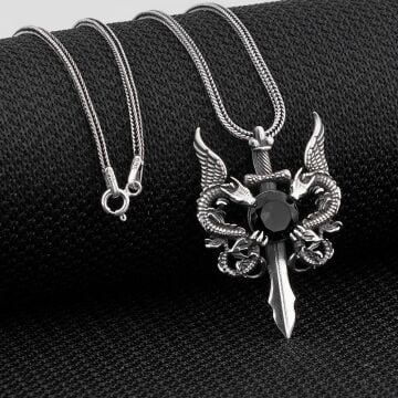 Çift Ejderha Tasarımlı Hançer Detaylı Siyah Zirkon Taşlı 925 Ayar Gümüş Kolye