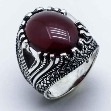 925 Ayar Gümüş Kırmızı Akik Taşlı  Erkek Yüzük