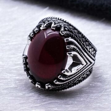 925 Ayar Gümüş Kırmızı Akik Taşlı  Erkek Yüzük