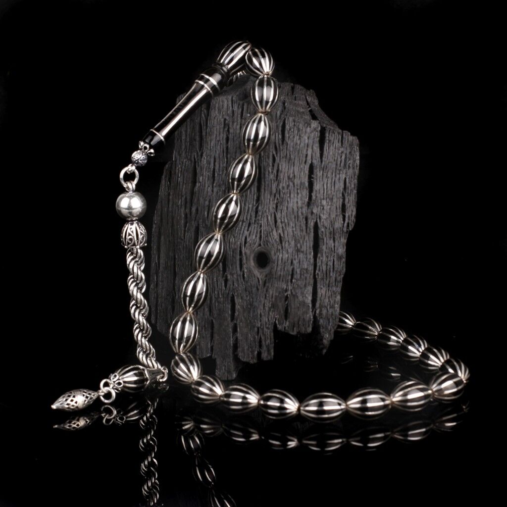 12 Yarma Karpuz Dilim Erzurum Oltu Taşı Tesbih 925 Gümüş Püsküllü