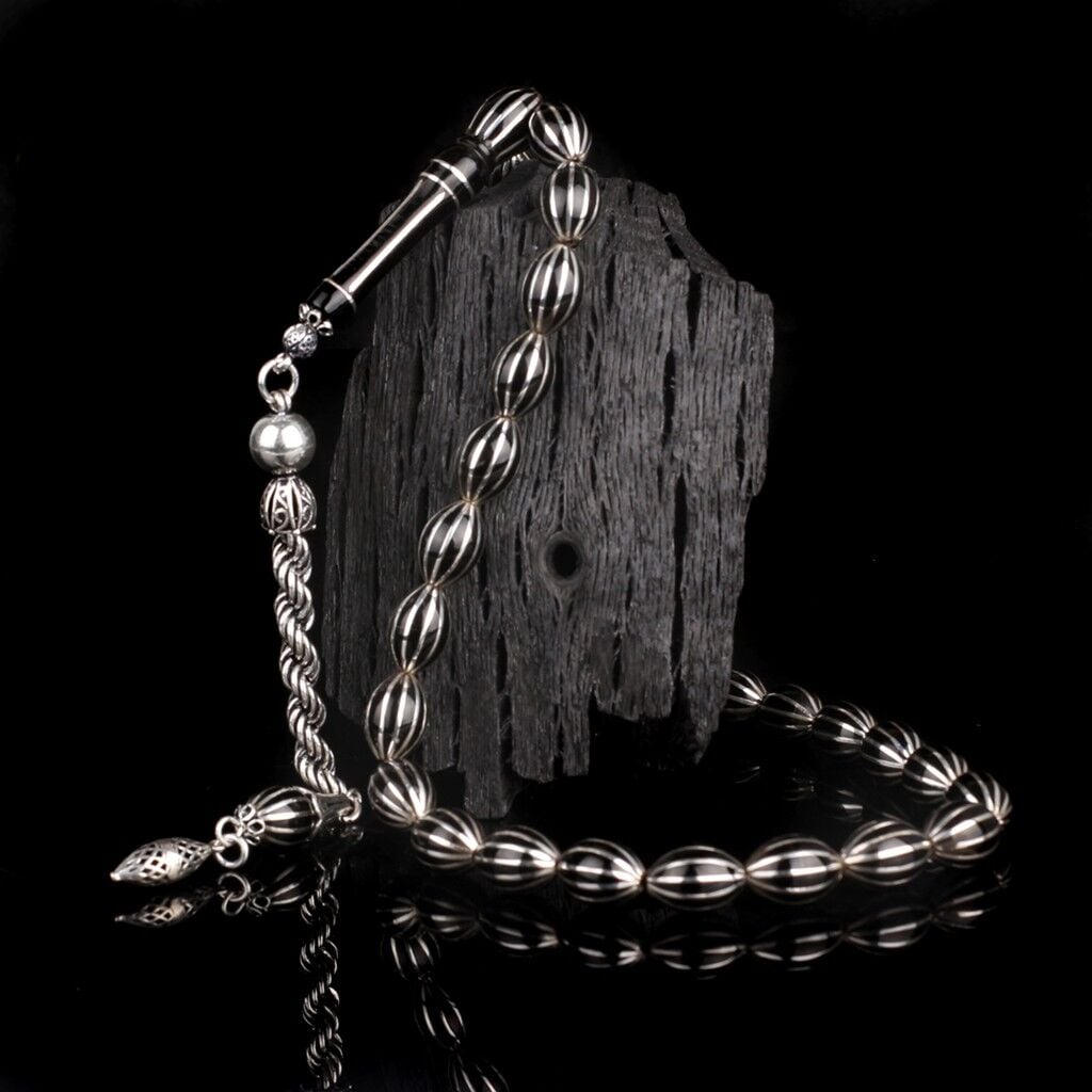 12 Yarma Karpuz Dilim Erzurum Oltu Taşı Tesbih 925 Gümüş Püsküllü