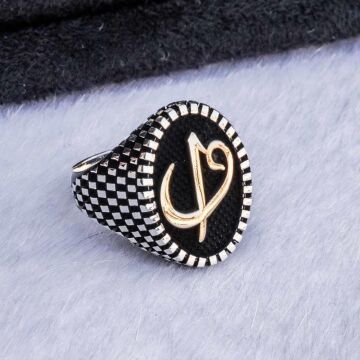 925 Ayar Gümüş Elif Vav  Simgeli Oval Erkek Yüzük