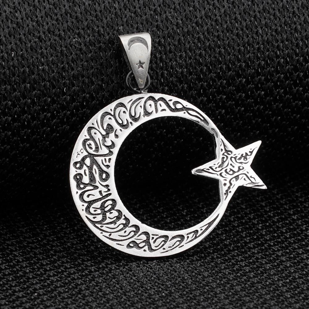 Kelimei Tevhid Yazılı Büyük Boy Ay Yıldız Tasarımlı 925 Ayar Gümüş Kolye Ucu