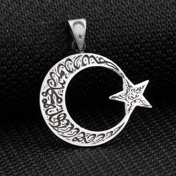 Kelimei Tevhid Yazılı Büyük Boy Ay Yıldız Tasarımlı 925 Ayar Gümüş Kolye Ucu