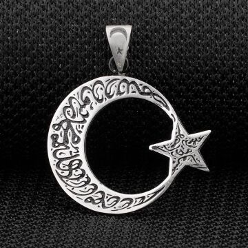Kelimei Tevhid Yazılı Büyük Boy Ay Yıldız Tasarımlı 925 Ayar Gümüş Kolye Ucu