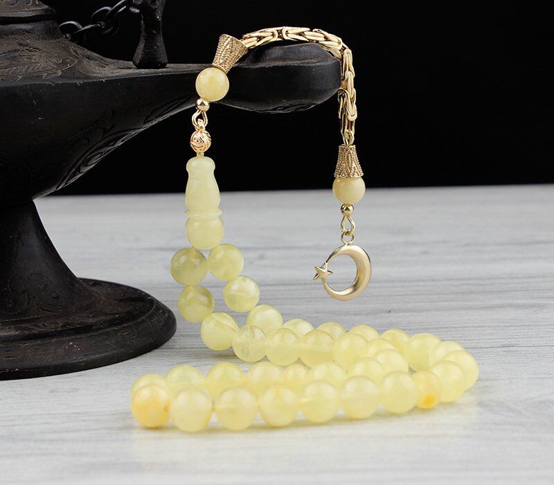 14 Ayar Altın Püsküllü Damla Kehribar Tesbih