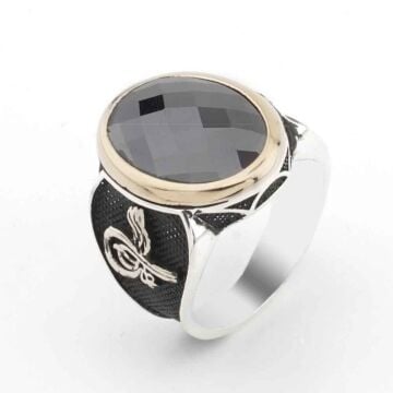 925 Ayar Gümüş Siyah Zirkon Taşlı Tuğra Detaylı Erkek Yüzük