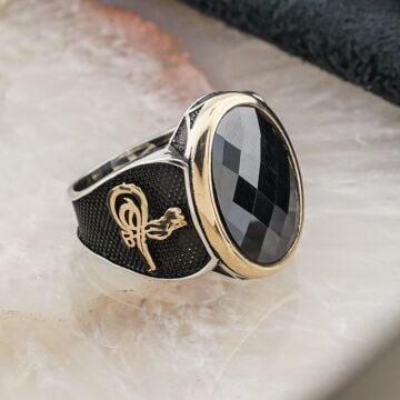 925 Ayar Gümüş Siyah Zirkon Taşlı Tuğra Detaylı Erkek Yüzük