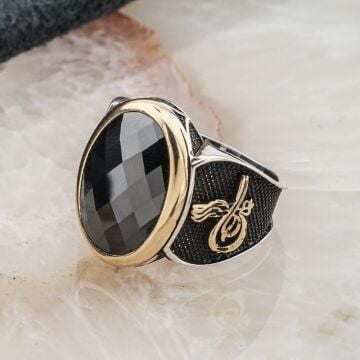 925 Ayar Gümüş Siyah Zirkon Taşlı Tuğra Detaylı Erkek Yüzük