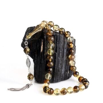 8,5 mm Fosilli Damla Kehribar Tesbih 925 Ayar Gümüş Püsküllü